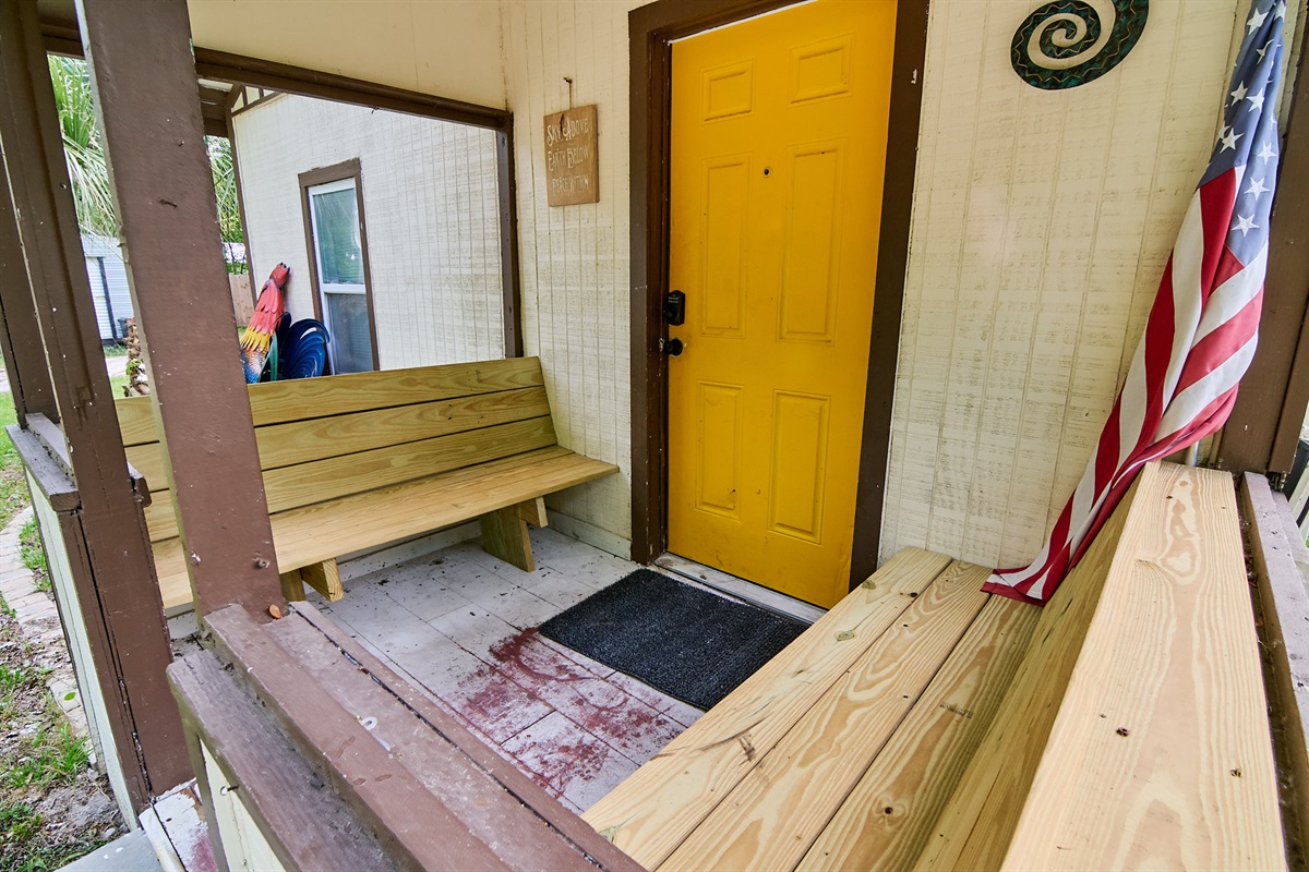 Front Porch with two benches for coffee or tea.