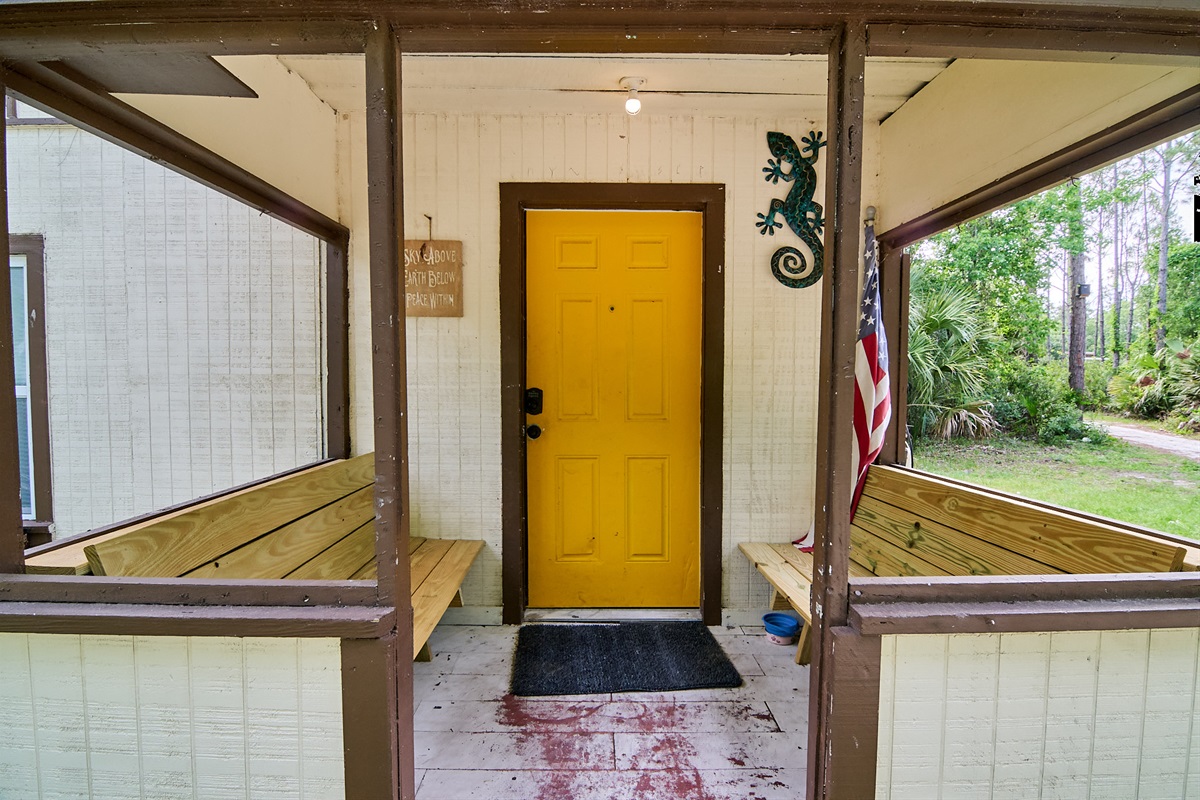 Front Porch with two benches for coffee or tea.