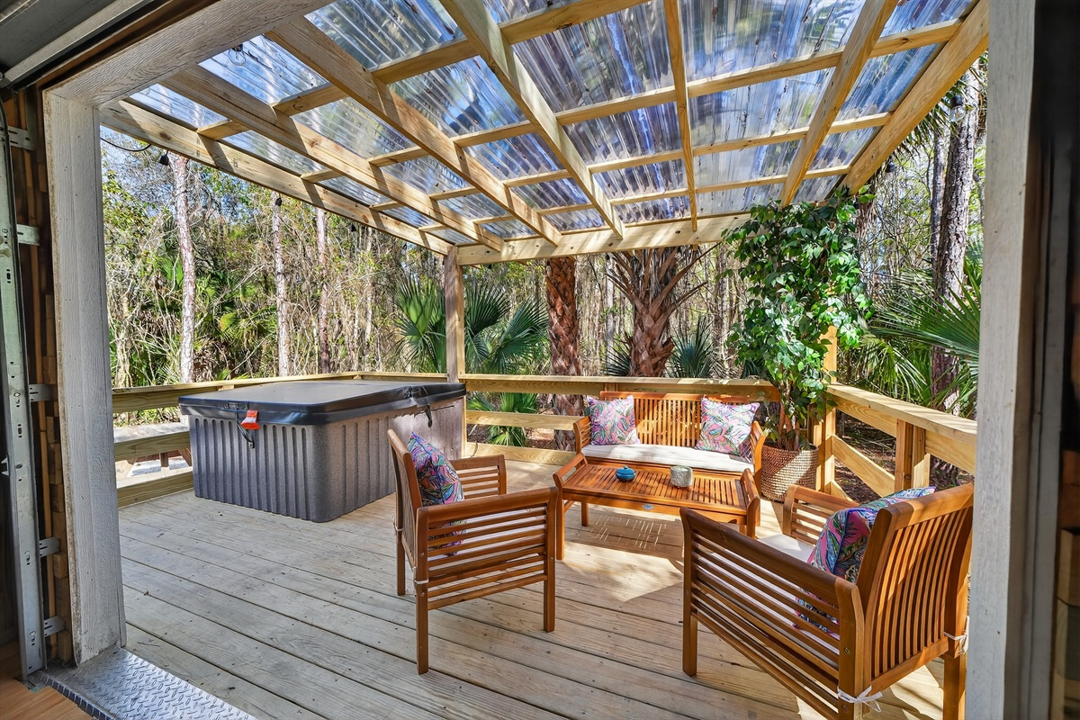 Casa Gaucho — private hot tub under a covered porch.