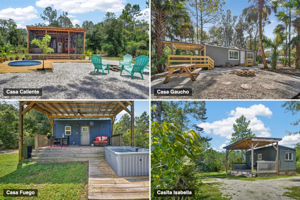 Four private tiny homes gathered around one pool — Casa Caliente, Casa Gaucho, Casa Fuego and Casita Isabella. The whole village is yours, for up to 15 guests.
