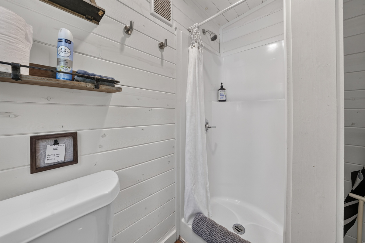 Full bathroom with a step-in shower, behind a barn door